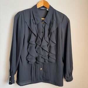 Kara Vintage Ruffle Front Long Sleeve Button Up Sheer Blouse Black 5/6 Victorian